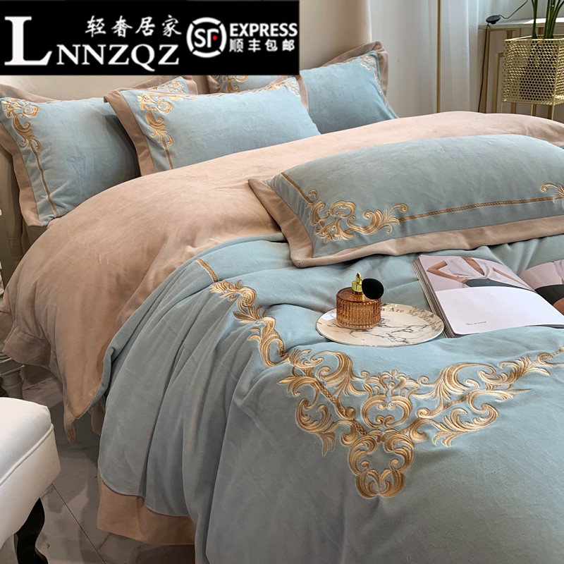 Winter gush thickened flannel with four pieces of Nordic wind embroidery bed Warm Coral Suede Milk Suede Bed Linen