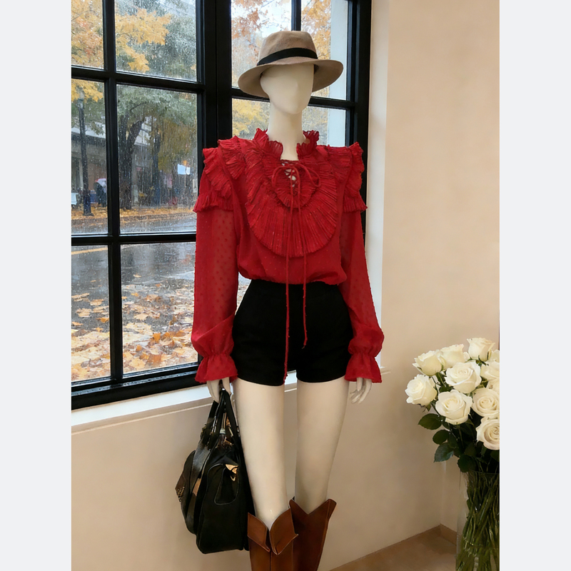 French-Style Ruffled Red Shirt for Women, Spring and Autumn Long-Sleeved Lace-Up Bow Pleated Top, Light Luxury, Age-Reducing, Trendy French-Style Ruffled Red Shirt for Women, Spring and Autumn Long-Sleeved Lace-Up Bow Pleated Top, Light Luxury, Age-Reducing, Trendy