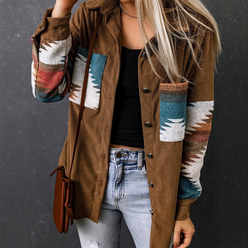 Trendy Autumn and Winter New Aztec Pattern Corduroy Cardigan Jacket for Women, European and American Style Mid-Length Jacket for Women Trendy Autumn and Winter New Aztec Pattern Corduroy Cardigan Jacket for Women, European and American Style Mid-Length Jacket for Women