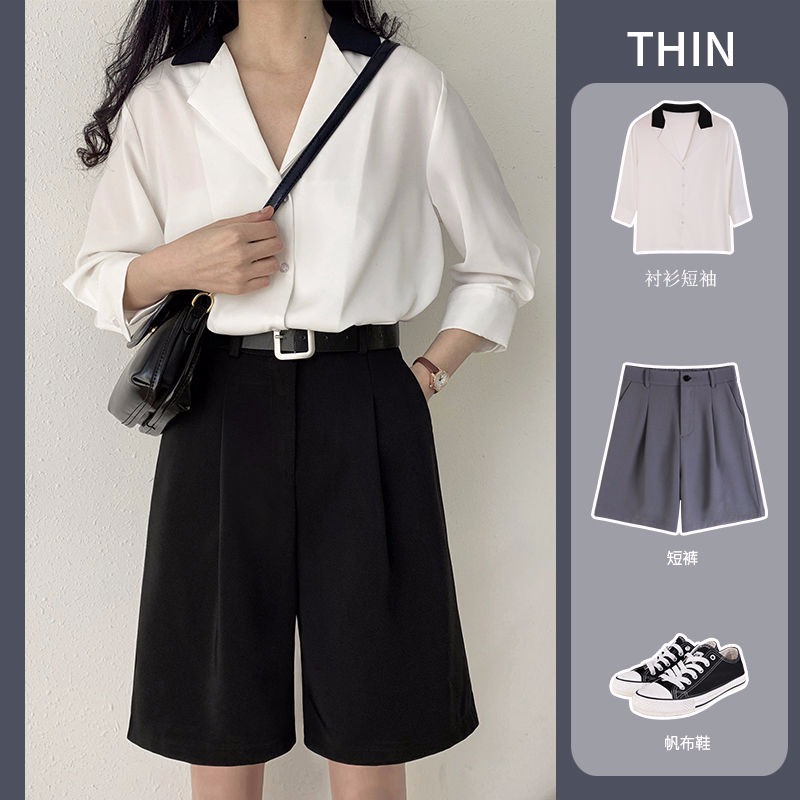 Handsome Hong Kong style retro black suit shorts women's summer thin drape high waist loose wide legs straight pants five-point pants