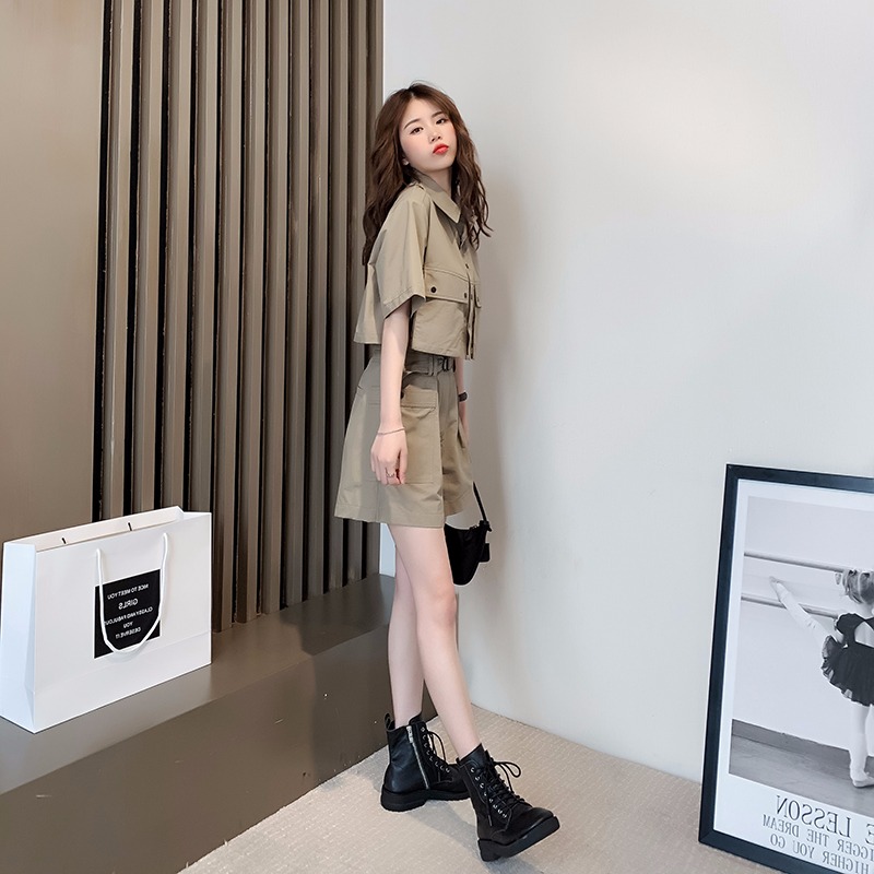 Handsome tooling fried street suit women's trendy summer foreign style fashionable casual small man can be salty or sweet shorts two-piece set