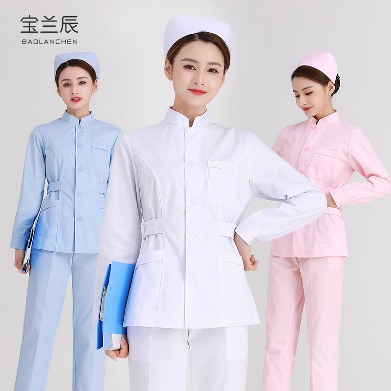 Nurse uniform long-sleeved women's winter white coat stand collar pharmacy work uniform two-piece two-piece suit short custom