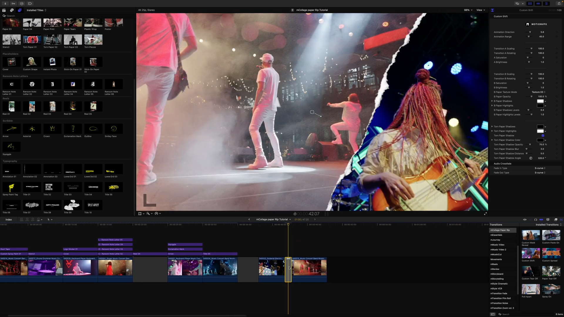 MotionVFX - mCollage Paper Rip 83种潮流前卫时尚美学趣味撕纸塑料纹理涂鸦笔画拼贴元素/标题文本动画/贴纸动画/宝丽来照片视频叠加效果转场过渡FCPX插件