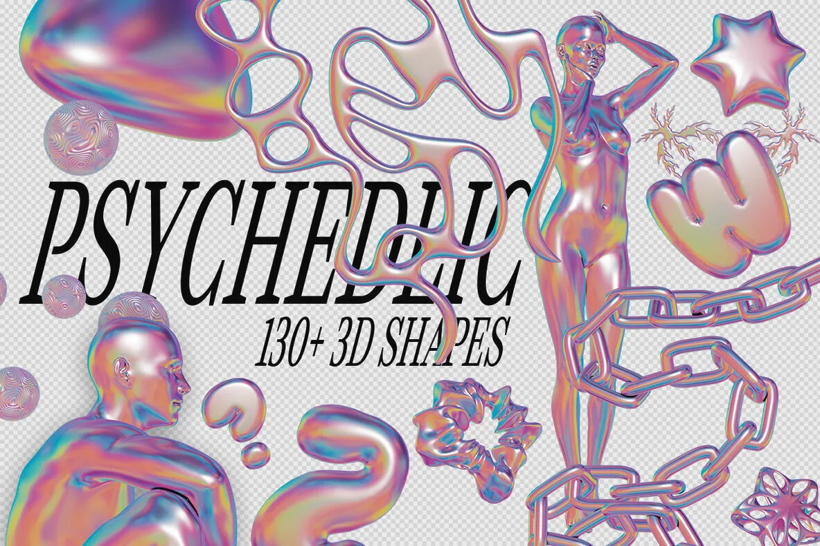 130+时尚3D立体抽象形状迷幻光谱渐变海报专辑封面UI/UX设计图形 Psychedelic – 130+ 3D Shapes