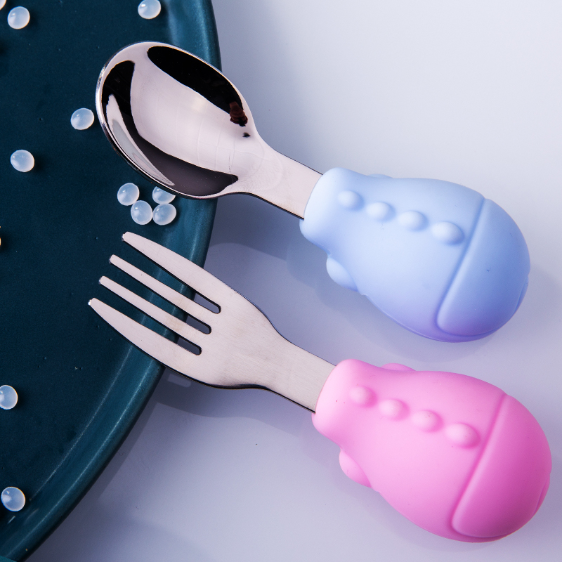 Baby learning to eat training spoon stainless steel short handle silicone 1 year old 2 and a half children's tableware baby fork spoon