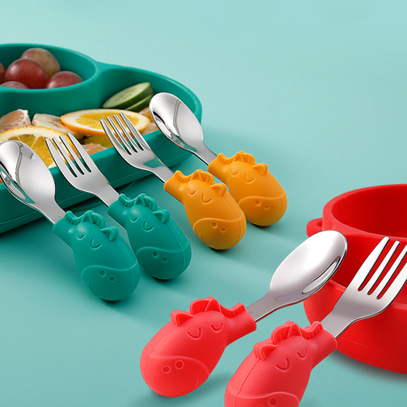 Children learn to eat training spoon fork short handle silicone stainless steel baby non-staple food spoon tableware feeding baby