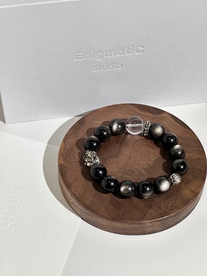 「摩诃摩耶」好运补给天然黑曜石白水晶新年送男友情侣手串本命年