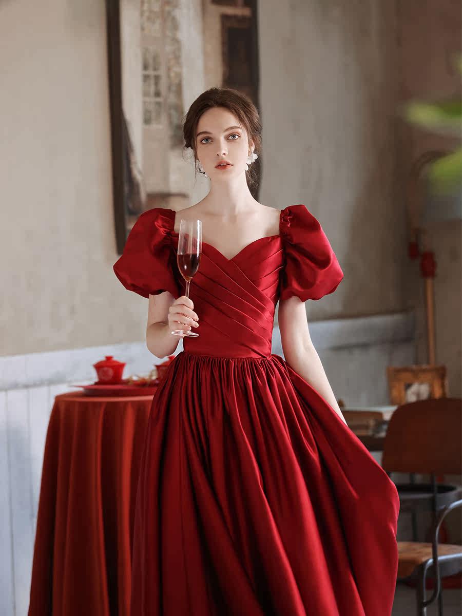 Wine red at-apart princess satin toast dress bride 2021 new back door dress festive thank you banquet dress spring and autumn