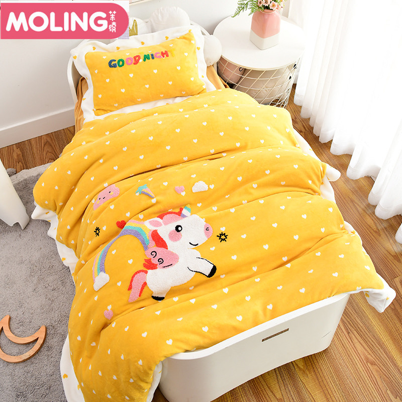 Kindergarten quilt three-piece coral velvet thickened warm baby quilt Baby quilt Children's winter quilt core