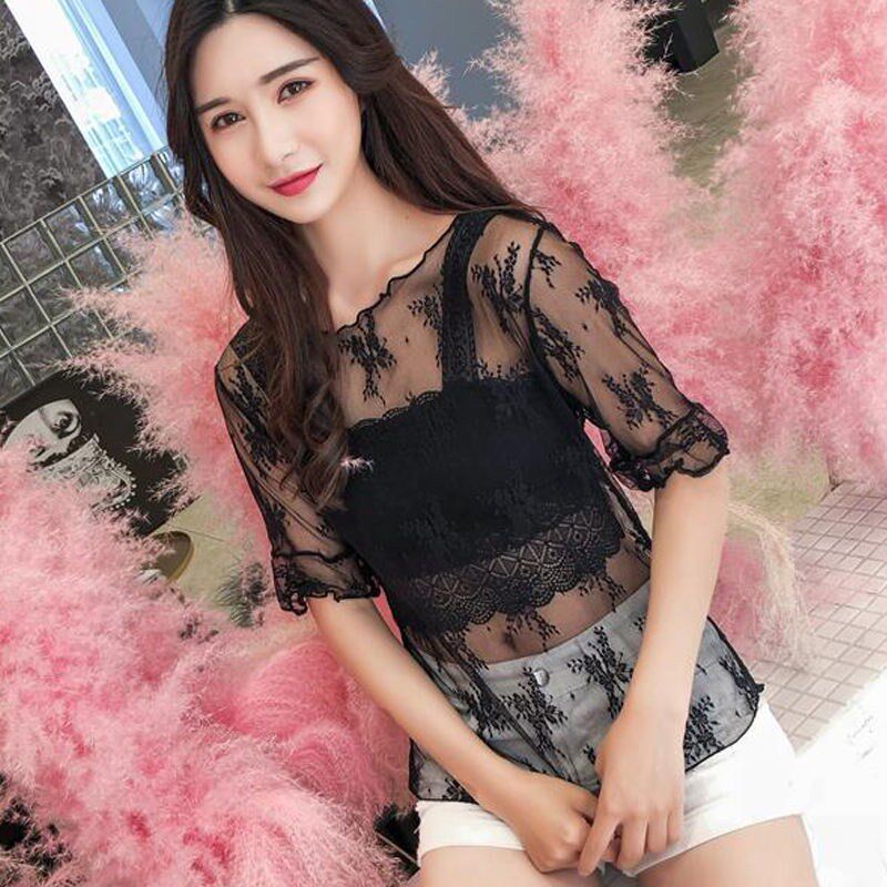 2021 Spring/Summer Korean version inner top sexy western style mesh hollow bottoming shirt female lace fairy short-sleeved t-shirt