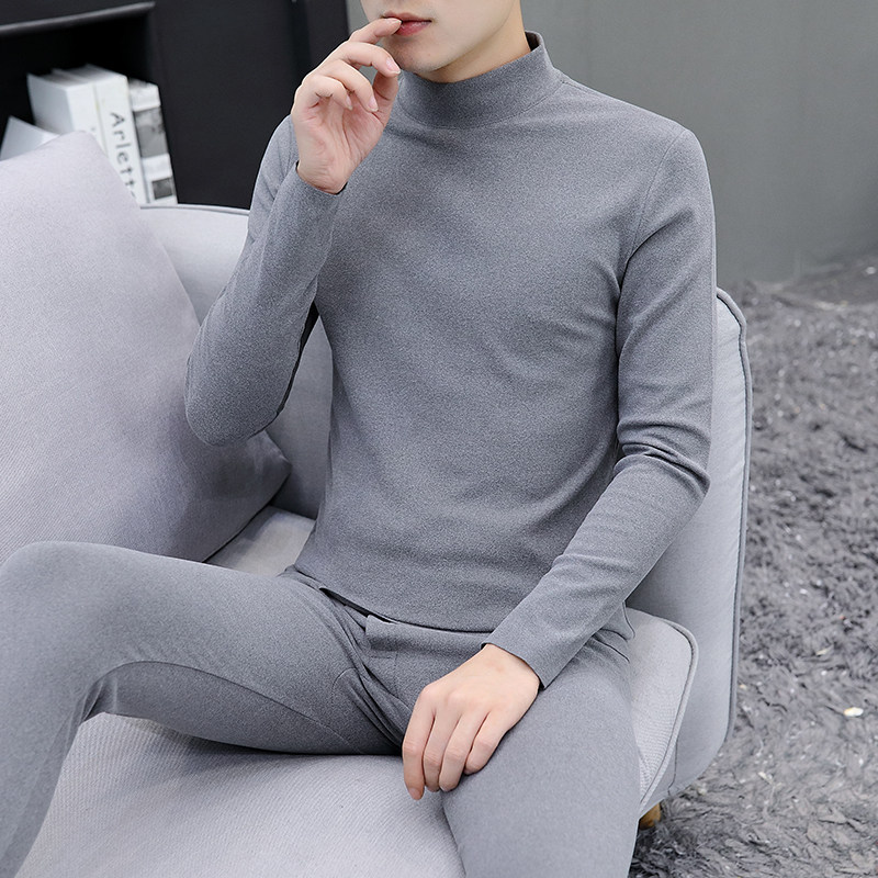 Men's autumn and winter half turtleneck German velvet heating pants men's double-sided brushed seamless autumn clothes sanitary pants bottoming shirt