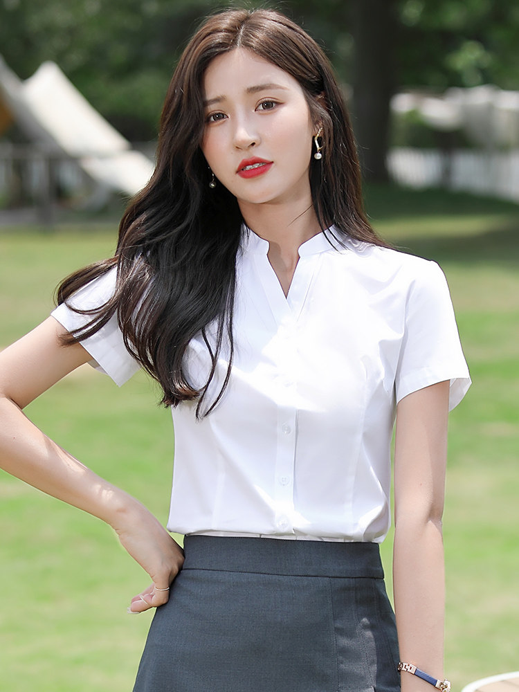 Work clothes white shirt women's summer thin short-sleeved V-neck work clothes thin work clothes overalls shirt blue large size OL