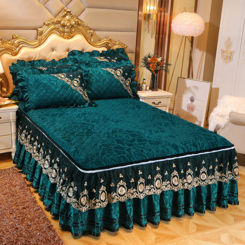 Autumn Winter Goose Down Warm Thickening Lace Bed Hood Bed Skirt Type Non-slip Short Plush Bed Cover Removable 1 8m