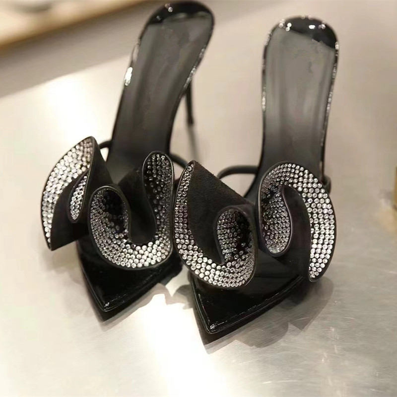 Diamond high heels for women, slim heels, 2024 summer new butterfly bow fashion, sexy flower toe party sandals