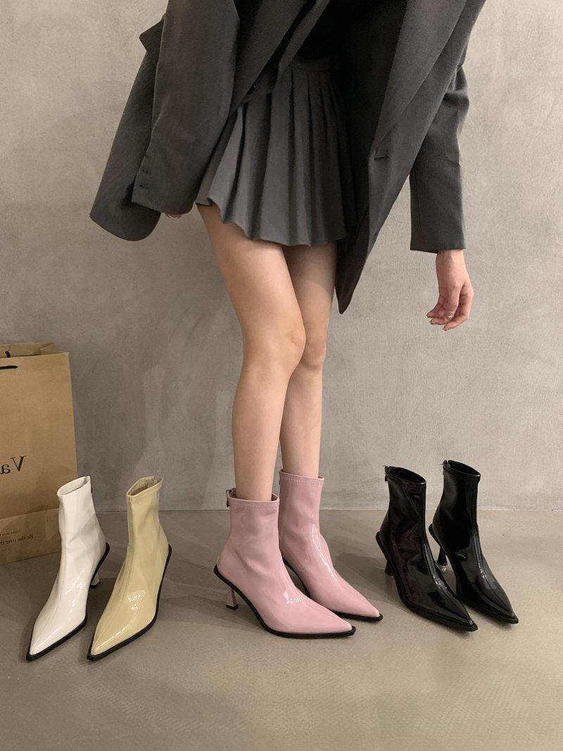 Tide Cards Slim Skinny High Heel Boots Temperament Short Boots Women Shoes 2023 New style Pointed White Spring Autumn Season Single Boots-Taobao