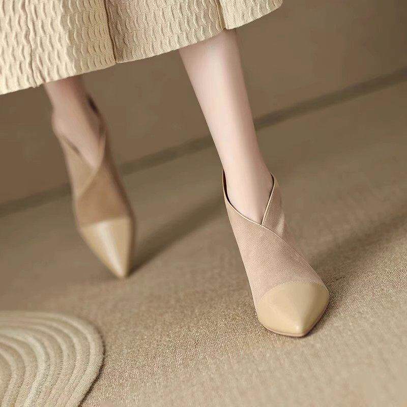 Ocnlantiy style pointed fine heel short boots woman 2023 autumn winter new women's boots Inn wind genuine leather high heel naked boots-Taobao