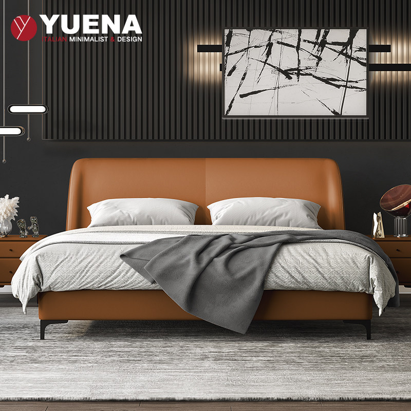Italian minimalist leather bed leather bed simple modern master bedroom small apartment postmodern light luxury Nordic double bed orange