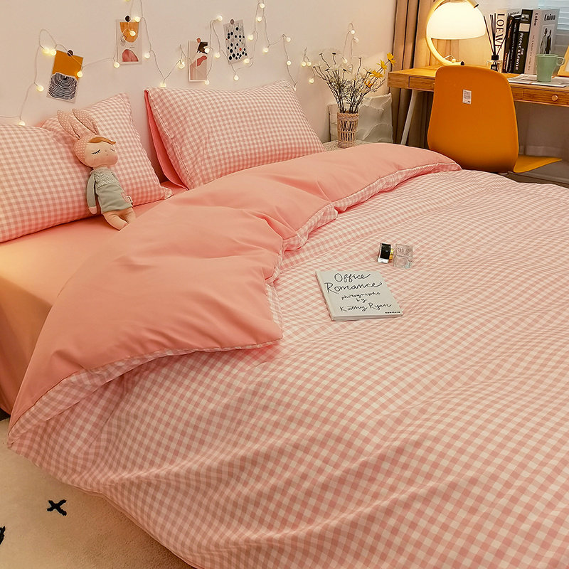 Teenage Girl Hearts Nude Sleeping water washed cotton beds Four pieces of pink gushed bed linen Nordic Wind Dormitory Three Sets 4