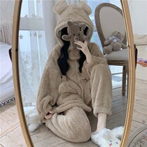 Cute ear Even cap wool suede pyjamas woman autumn winter 2021 New Thickened Warm Home Suits Two Suits