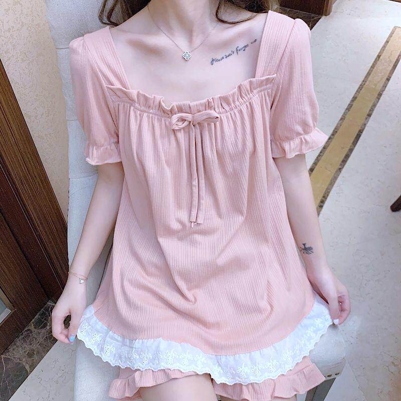 Sleepwear Woman Summer Short Sleeve Thin cotton quality student Korean version cute princess wind sleeping skirt suit Home Suits Extras
