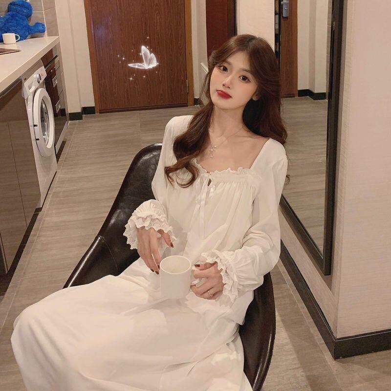 Princess Wind Lace Sleeping Dress Lady Spring Autumn Season Long Sleeve 2021 New Super Fairy sweet and long skirt white outwear home dress