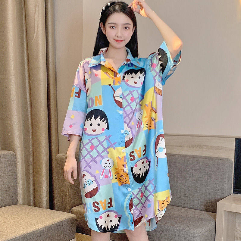 Ice silk nightgown women summer sexy short-sleeved nightgown summer silk foreign internet celebrity cute fashion plus size pajamas