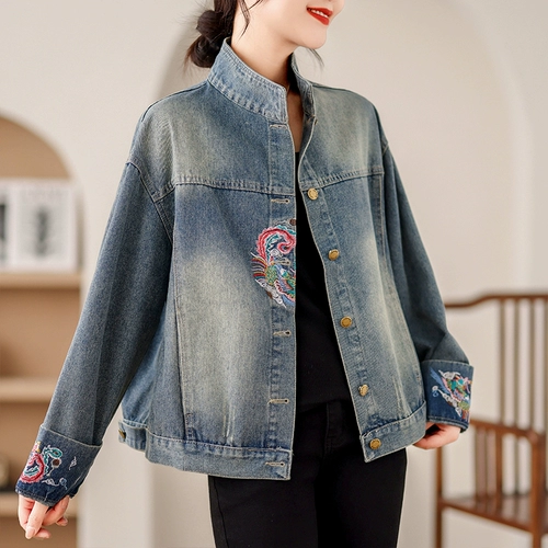 Джинсовая осенняя ретро куртка, с вышивкой, большой размер, подходит для подростков