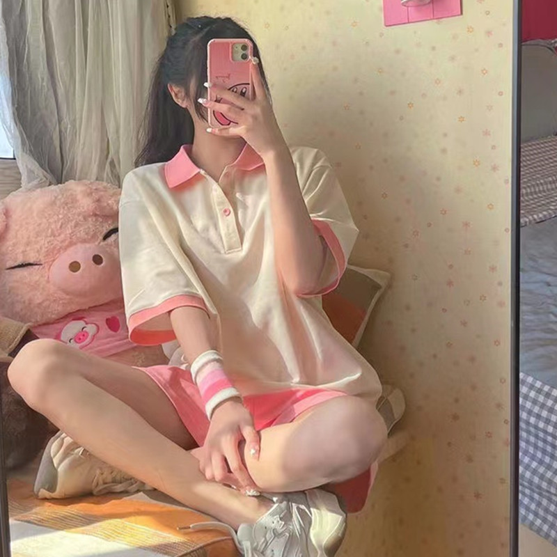 Cute Soft Girl College Wind Sports Suit Women's Summer Casual Loose Foreign Pie Short Sleeve Shorts Two Sets Students