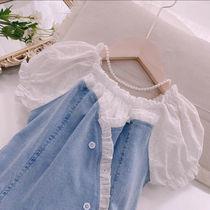 Girls summer new lace splicing denim dress retro CUHK Girl little girl Bubble Sleeves Dress Princess Dress Princess Dress