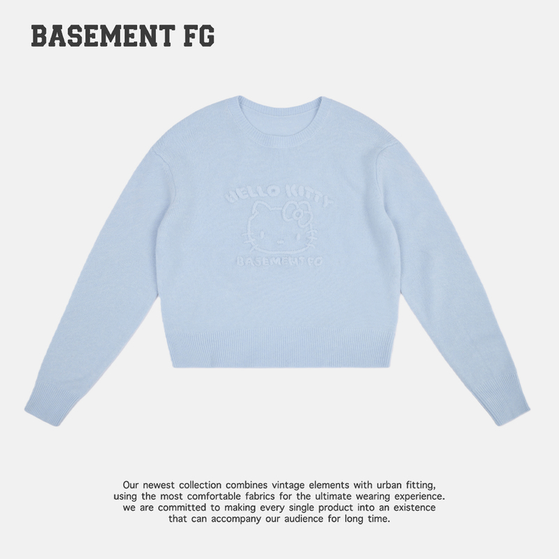 Basementfgxhellokitty Cartoon Style Light Blue Round Neck Long-Sleeved Sweater 263500026028 Basementfgxhellokitty Cartoon Style Light Blue Round Neck Long-Sleeved Sweater 263500026028