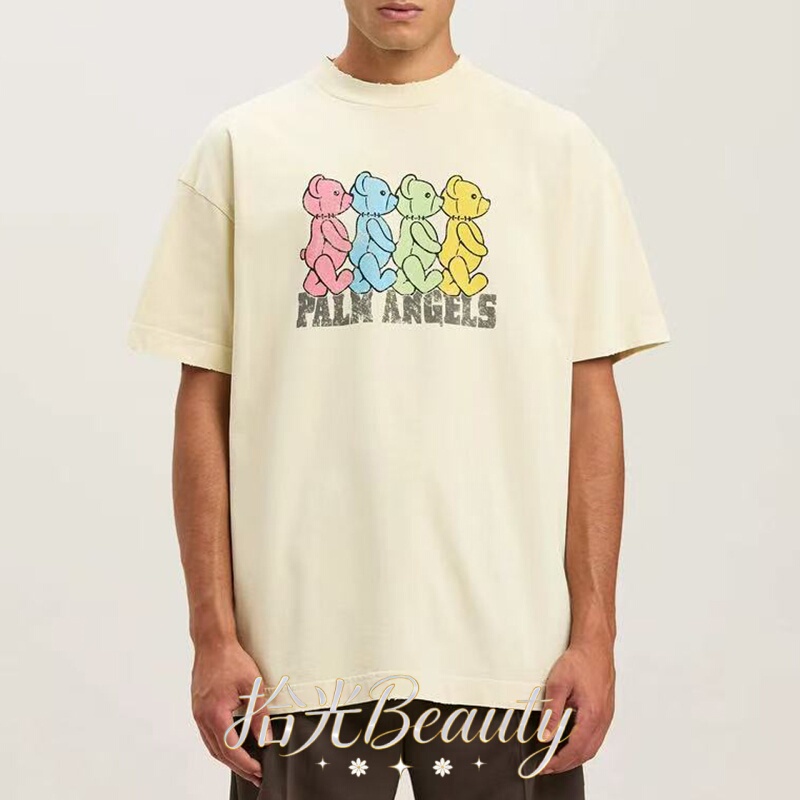 Palm Angels Colorful Bear Print Loose Round Neck Casual Short-Sleeved T-Shirt for Men and Women for Couples