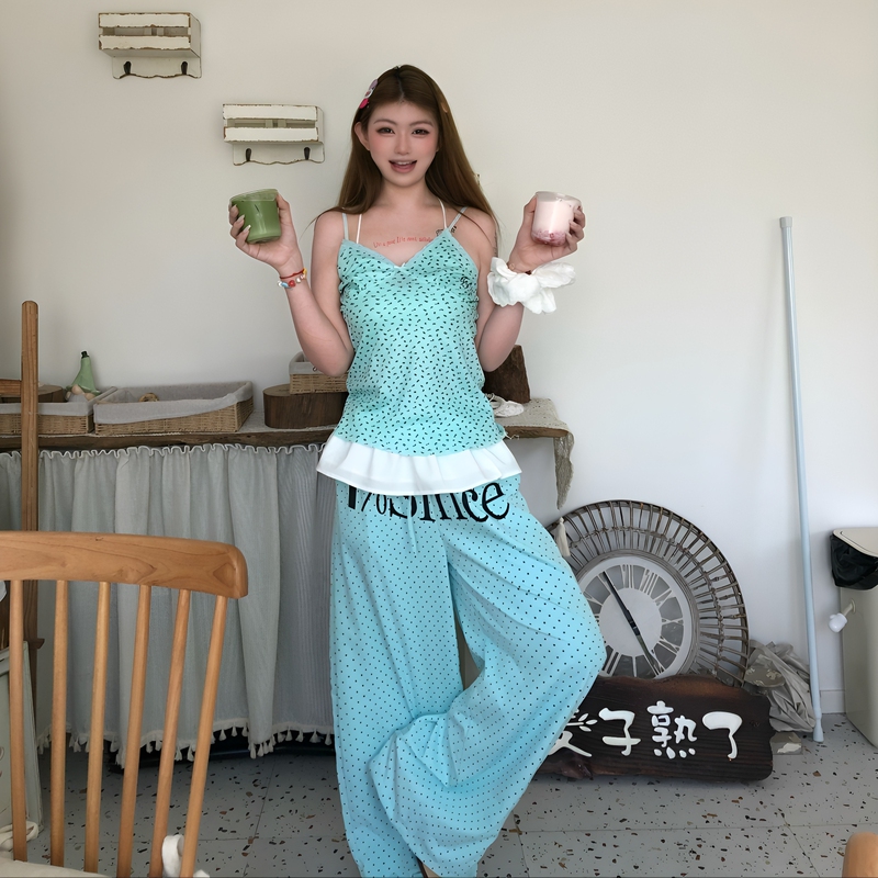 American-Style Spicy Girl Polka Dot Wide-Leg Casual Pants for Women, Super Stylish Mint Green Slimming Drapey Floor-Length Pants for Summer American-Style Spicy Girl Polka Dot Wide-Leg Casual Pants for Women, Super Stylish Mint Green Slimming Drapey Floor-Length Pants for Summer