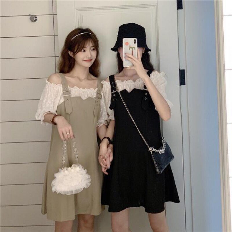 Straight Shoulder Ocean Dress Woman Summer 2020 New Temperament Little Fresher Teen Girl Skirt Two Wearing Cashew Slim Fit Baby Bag Dress