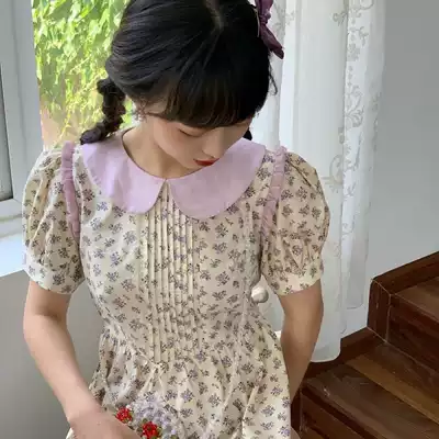 2021 spring new Korean waist temperament mid-length skirt doll collar wild short-sleeved floral dress female