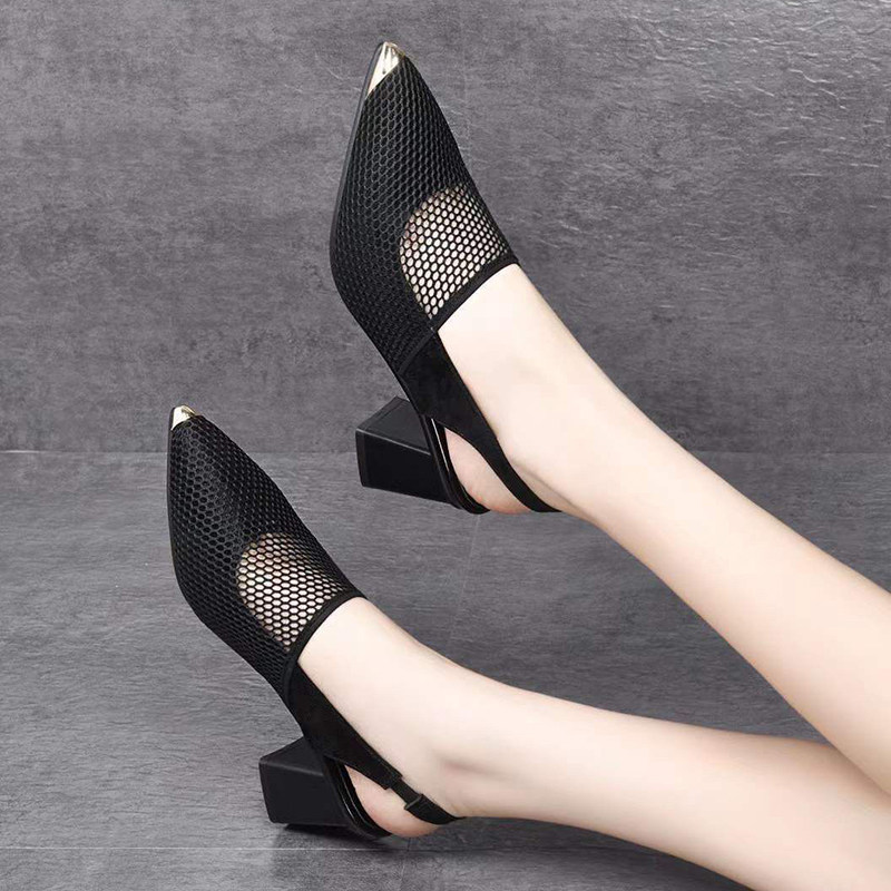 Baotou Mesh Yarn Hollowed-out Hollow Sandal Women 2022 Spring Summer New Genuine Leather Coarse Heels Empty Heels Empty Heels