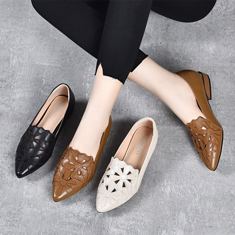 Leather hollow shoes women's 2022 spring and summer new high-heeled shoes low-heeled small leather shoes thick heel slip-on women's shoes