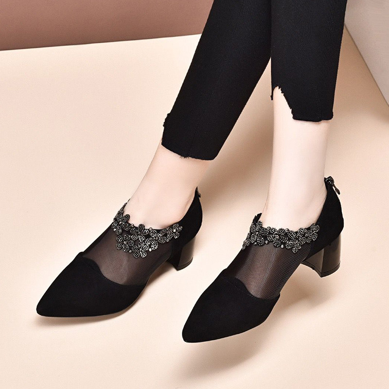 Coarse Heel Mesh Boots Shoes Children 2022 New Hollowed-out Mesh Shoes Pointed Mesh Surface Breathable High Heel Women Shoes Hollowed-out Single Shoes