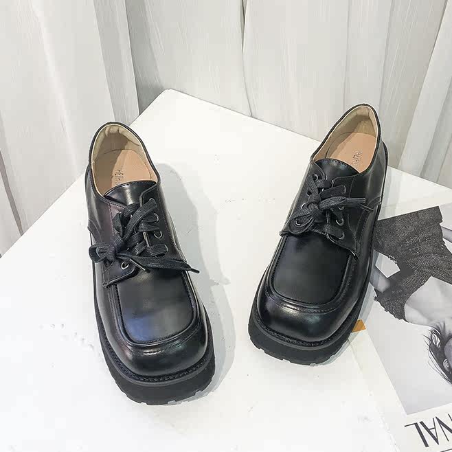 Loafers women's 2022 new all-match thick bottom black lace-up small leather shoes muffin square toe deep mouth British style single shoes - Taobao