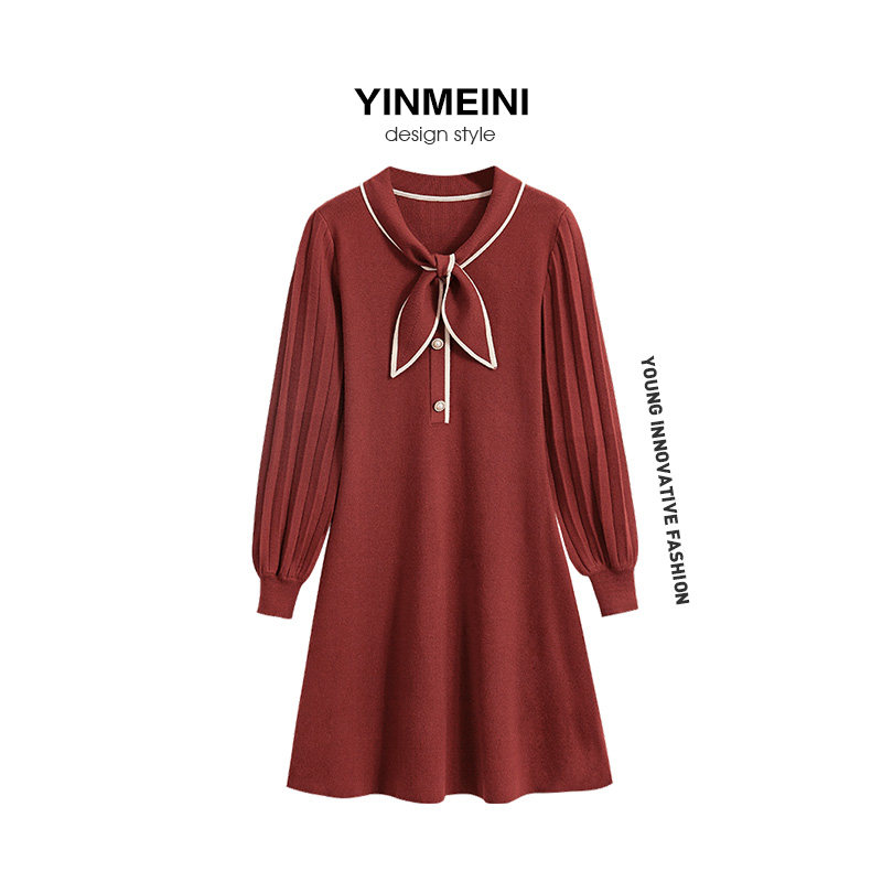 New Year 2020 zodiac year red Chinese New Year festive women's sweater skirt bow winter skirt knitted dress female