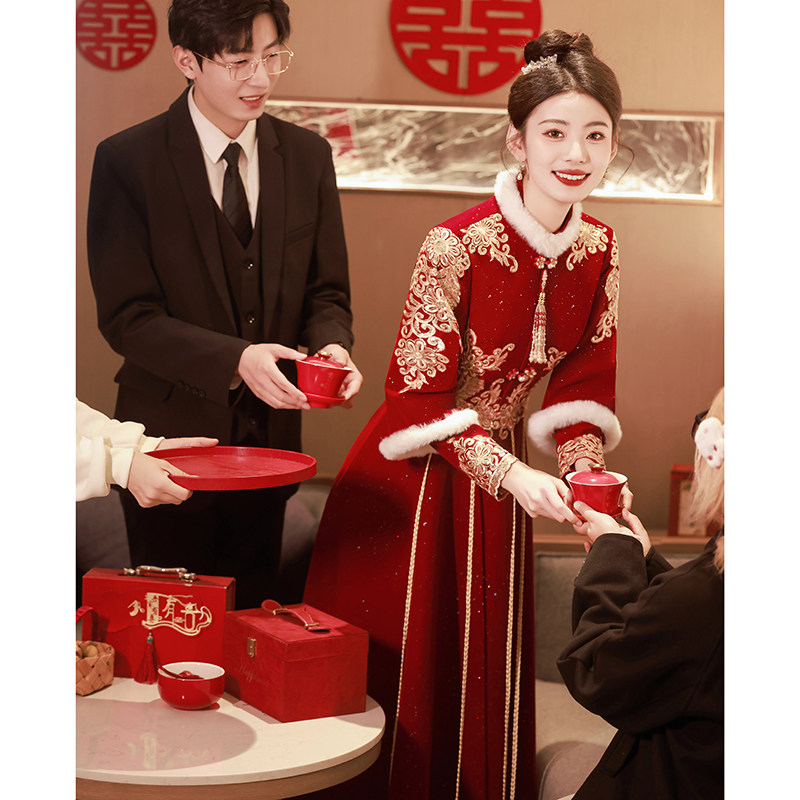 Свадебное платье Cheongsam для невесты, новинка 2025 года, красное платье для помолвки, юбка в китайском стиле, свадебное платье Xiuhe, свадебное зимнее платье с длинными рукавами