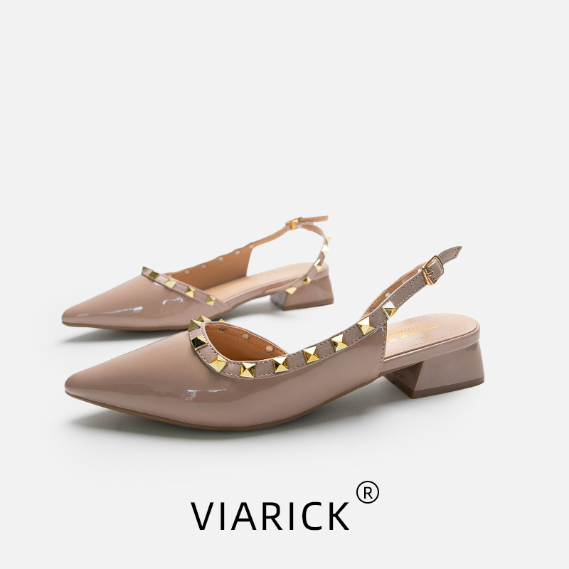 Plus-Size Women's Shoes Size 41-43, Pointed Toe, Mid-Heel, Patent Leather, Summer Slip-On with Rivets, Closed-Toe Mules