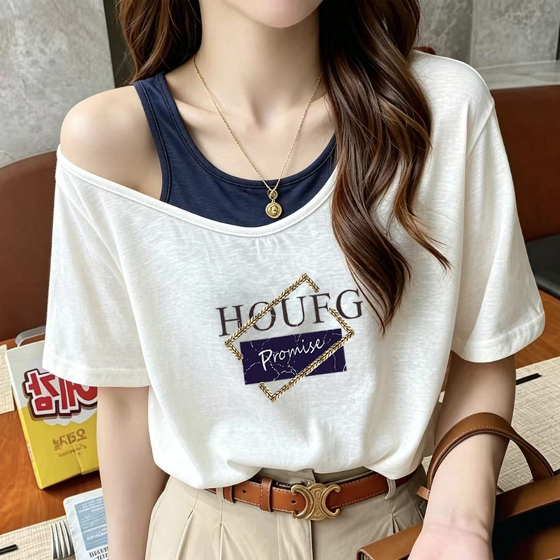 2026 New Style T-Shirt with Asymmetrical Neckline, Faux Two-Piece Short Sleeves, Stylish Snowflake Cotton Print, British Style Off-Shoulder Base Shirt Top