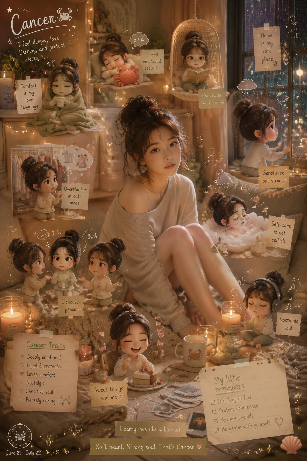 巨蟹座治愈系少女生活手账风格海报