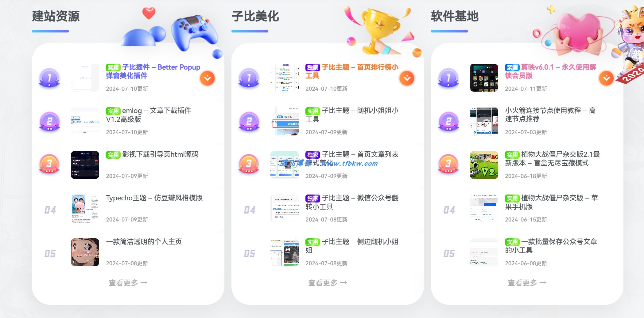 子比主题 - 首页排行榜小工具（第二版） - 腾飞博客