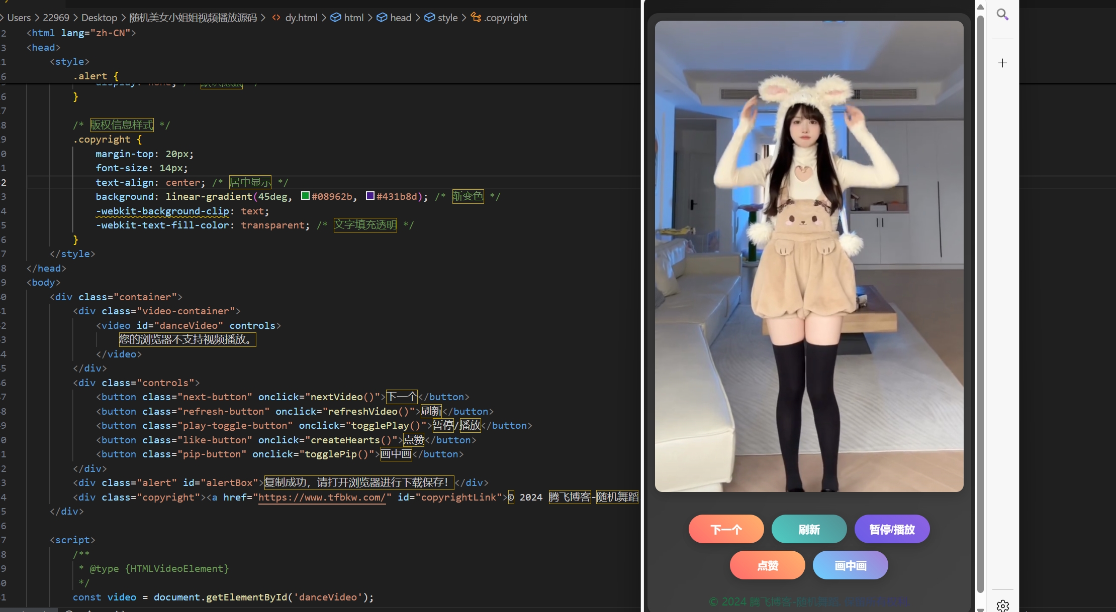 HTML源码 - 随机小姐姐视频播放器 - 腾飞博客