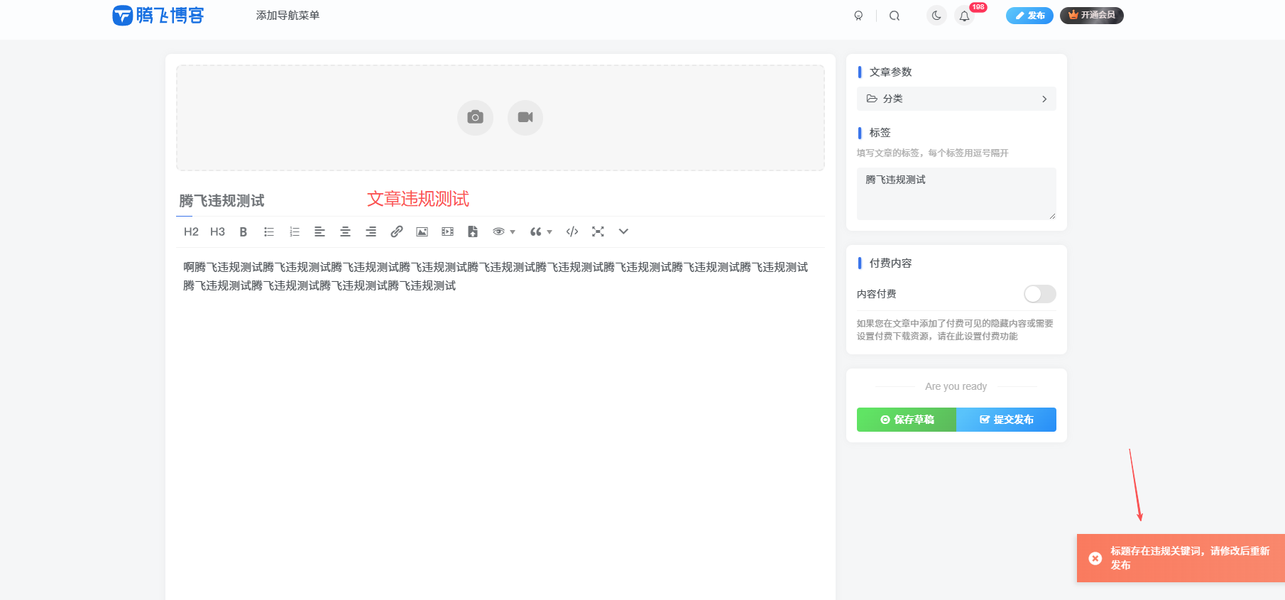 子比主题 – 文章/帖子标题违规检测功能