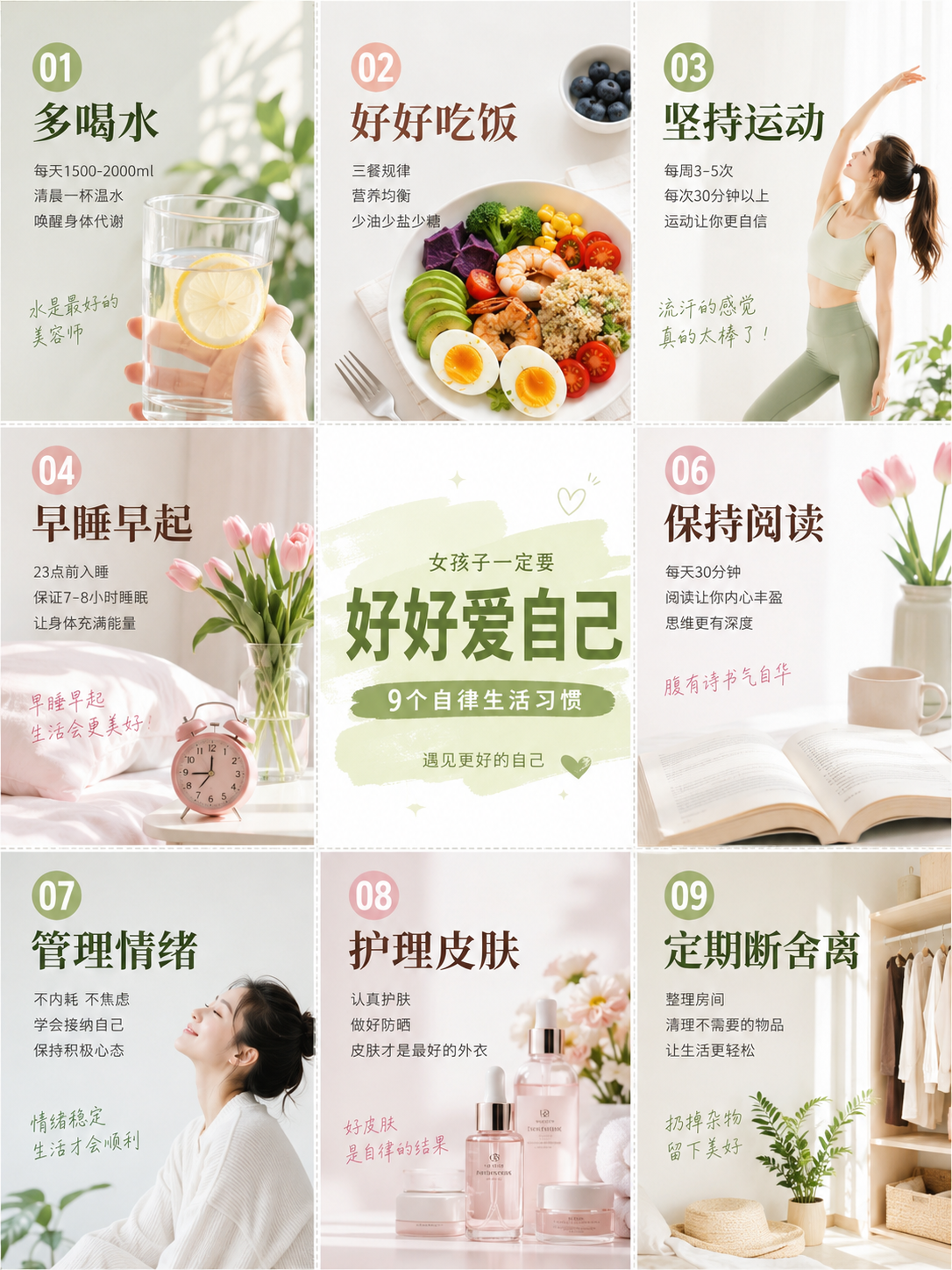 小红书治愈系助眠指南九宫格