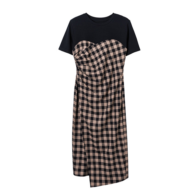 Ren Xiaoyi's summer retro high-end mosaic plaid dress design sense niche narrow waist slimming A-line long skirt