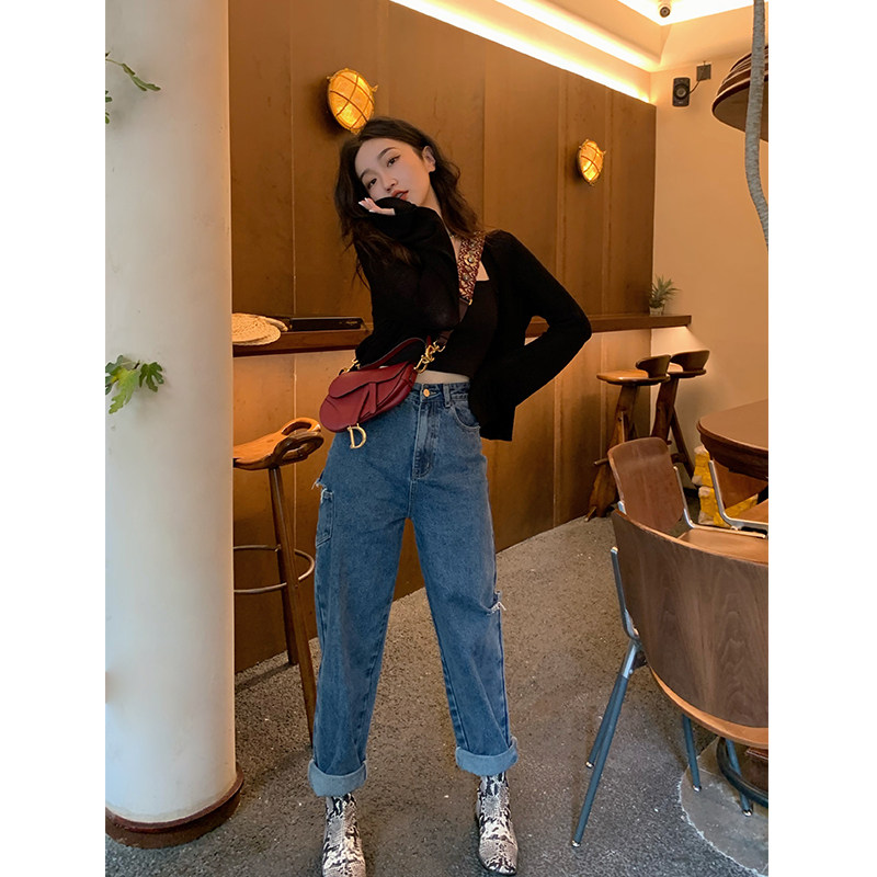 Ren Xiaoyi Lit e mode blue High waist Broken Cave Jeans Summer Women Loose 100 Lap Broadleg Casual Long Pants