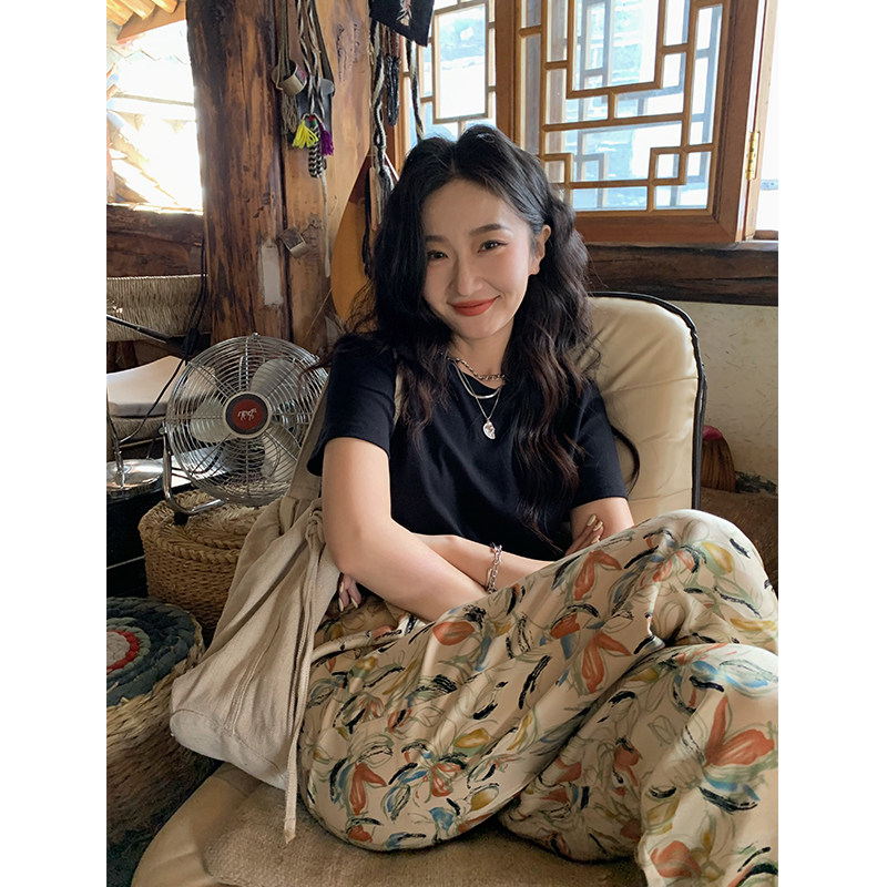 Ren Xiaoyi Lit e mode Flower Pants Summer new casual women Pendant Sensation High Waist Loose Straight Drum Mopping Pants